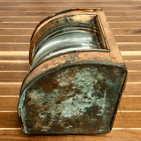 Vintage Copper Fresnel Lens Ship Lantern (3) Bottom plate of Vintage Copper Fresnel Lens Ship Lantern showing construction detail