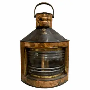 Vintage Copper Fresnel Lens Ship Lantern front view with brass accents