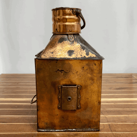 Vintage Copper Fresnel Lens Ship Lantern (5) Vintage Copper Fresnel Lens Ship Lantern showing mounting bracket detail