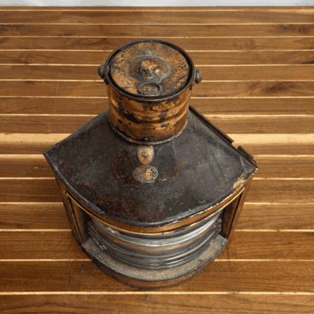 Vintage Copper Fresnel Lens Ship Lantern (9) Top view of aged copper ship lantern with brass trim and patina
