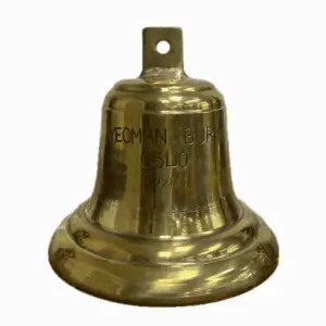 Engraved brass ship bell from Yeoman Burn, dated 1991, front view