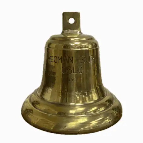 Engraved brass ship bell from Yeoman Burn, dated 1991, front view