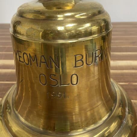 Authentic Brass Ship Bell - Yeoman Burn Oslo 1991 02 Close-up of engraved lettering on brass ship bell from Yeoman Burn