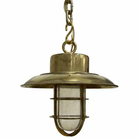 Front view of the Chain Hung Brass Engine Room Ceiling Light with rain cap clear glass globe.