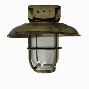 Salvaged ship ceiling light with square brass base and attached shade