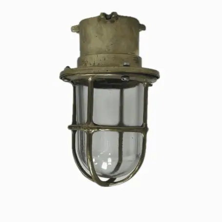 Salvaged brass ceiling light with glass globe and cage - side view