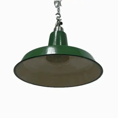 Side profile of salvaged enamel pendant light with green shade