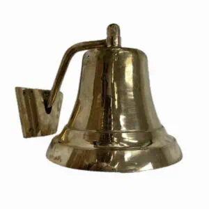 Solid brass ship bell mounted on bracket – side view