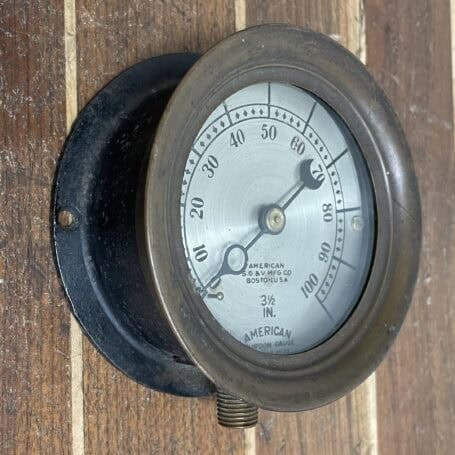 Vintage Brass Pressure Gauge - American Steam Gauge Co. Boston 02 Mounted vintage brass pressure gauge – American Steam Gauge Co. Boston