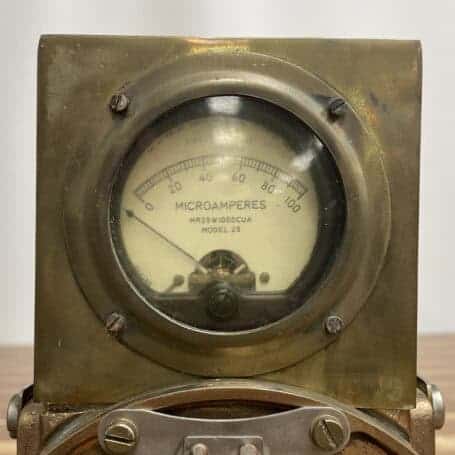 Vintage Microamperes Meter - Brass - Simpson Electric Co. 05 Microamperes gauge reading 0 to 100 on vintage microamperes meter face