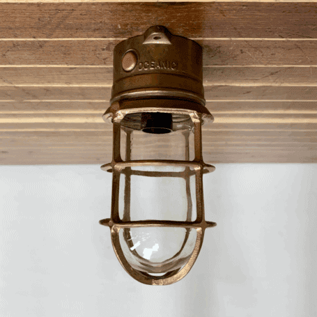 Vintage Oceanic Red Brass Ceiling Light (4) Vintage Oceanic Red Brass Ceiling Light Front Cage and Base Markings