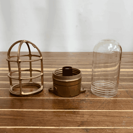 Vintage Oceanic Red Brass Ceiling Light Disassembled with Cage, Base, and Globe