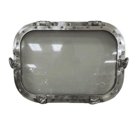 Salvaged Aluminum Rectangular Porthole - 28.25 x 20.5 with Inset 03 Closed aluminum rectangular porthole with four dogs
