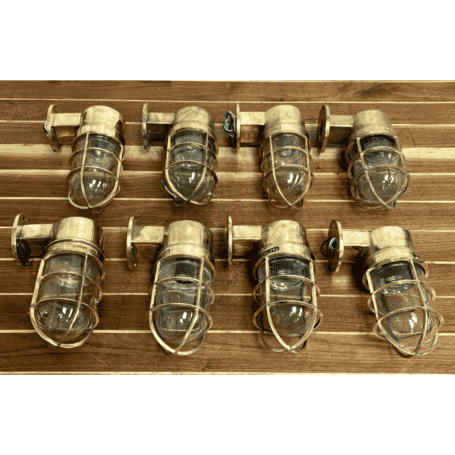 Set of 8 Vintage Brass Dock Lights side view showing profile and cage structure