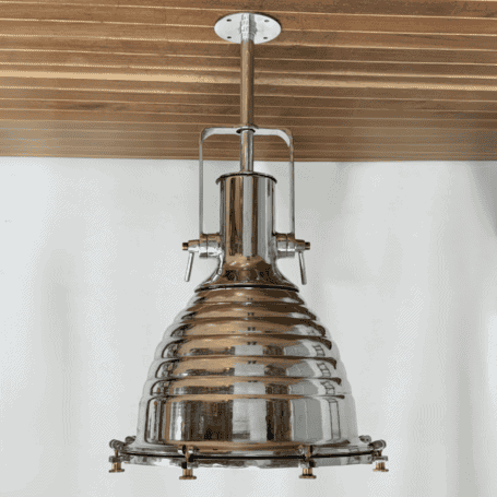Large Aluminum Nautical Pendant Light with Brass Accents (5) Large Aluminum Nautical Pendant Light with brass accents hanging from ceiling