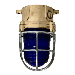 Nautical Brass Ceiling Light with Aluminum Cage and blue Fresnel glass front view