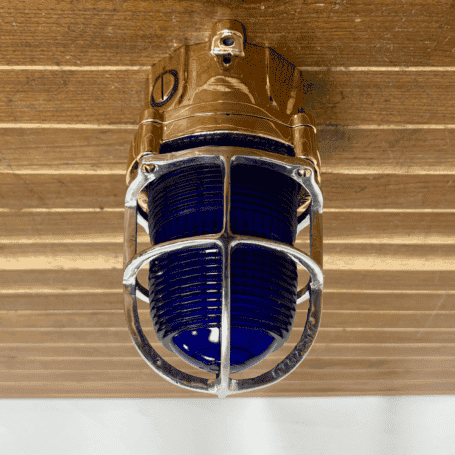 Nautical Brass Ceiling Light with Aluminum Cage and Blue Fresnel Glass Brass ceiling light with blue Fresnel glass and protective cage