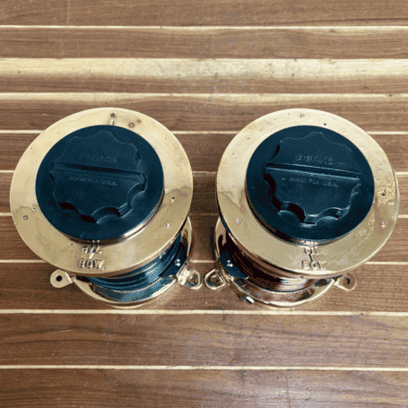 PERKO Red and Green Fresnel Navigation Light Set PERKO Brass Navigation Light Set top view showing BOW markings