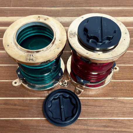 PERKO Red and Green Fresnel Navigation Light Set (6) Brass bow-mounted navigation lights showing top covers removed
