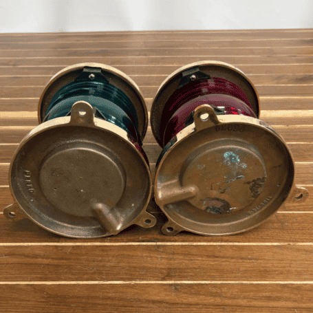 PERKO Red and Green Fresnel Navigation Light Set (7) Underside view of brass marine navigation light housings