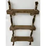 Looking down on ladder rungs: Top-down view showing three reclaimed wood rungs with visible grain and paint details