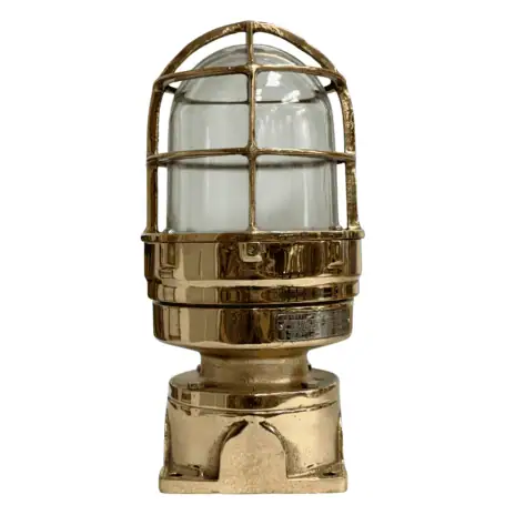 Brass nautical fixture with clear glass globe and protective cage