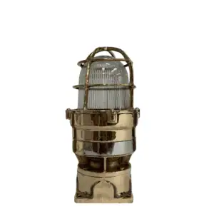 Brass nautical fixture with ribbed glass globe and protective cage