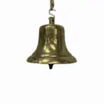 Salvaged brass ship bell hanging view with MIDNIGHT SUN name cast in brass