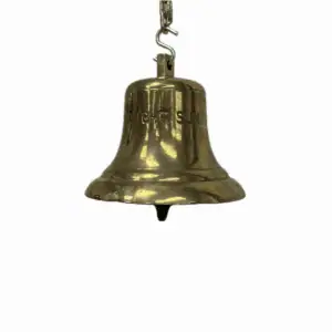 Salvaged brass ship bell hanging view with MIDNIGHT SUN name cast in brass