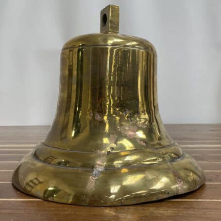 Salvaged Brass Ship Bell from MIDNIGHT SUN - 12” Diameter, 22 lbs. 04 Salvaged brass ship bell side profile showing dents and service wear