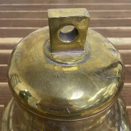 Salvaged Brass Ship Bell from MIDNIGHT SUN - 12” Diameter, 22 lbs. 06 Brass bell top mounting block detail with surface wear
