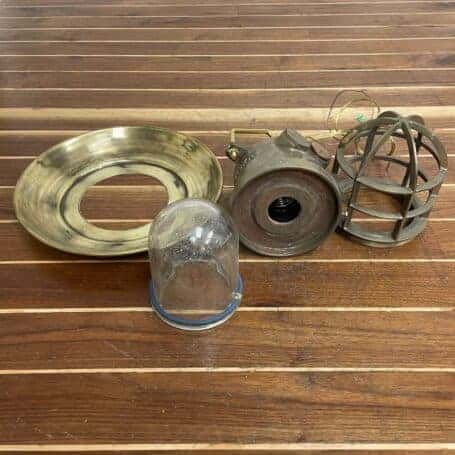Vintage Brass Ceiling Light - Hanging WISKA Nautical Fixture 03 ship passageway light disassembled brass fixture with cage and glass