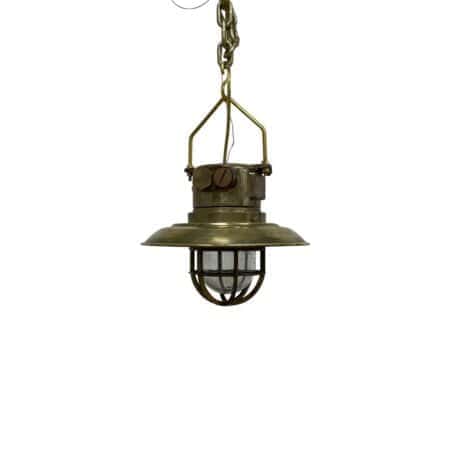 Vintage Brass Ceiling Light - Hanging WISKA Nautical Fixture 05 hanging brass ceiling light with cage and glass globe front view