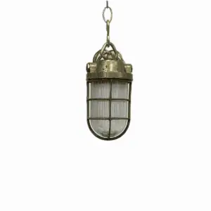 Vintage Brass Ceiling Light with Ribbed Glass Globe hanging front view