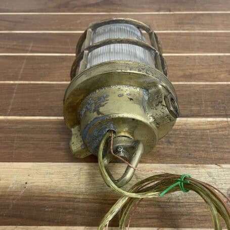 Vintage Brass Ceiling Light with Chain and Ribbed Glass Globe - Weathered 05 Vintage Brass Ceiling Light with Ribbed Glass Globe top view with wiring