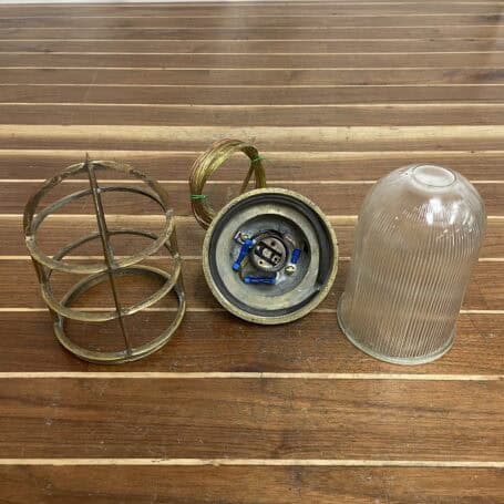 Vintage Brass Ceiling Light with Chain and Ribbed Glass Globe - Weathered 07 Ribbed glass globe removed from brass cage