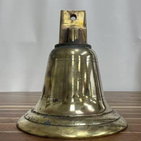 Weathered Brass Ship Bell - 35.5 lb. Salvaged Nautical Bell 04 Weathered brass ship bell front view showing etching and surface wear