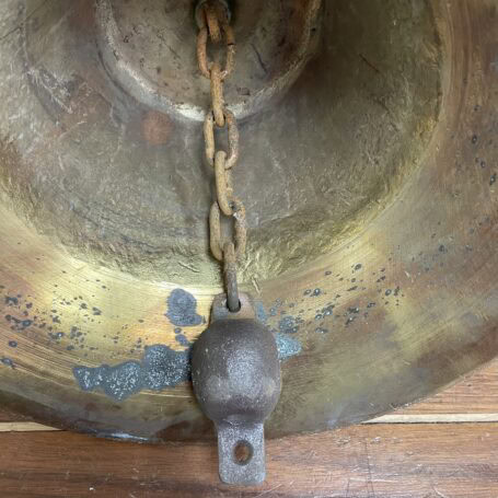 Weathered Brass Ship Bell - 35.5 lb. Salvaged Nautical Bell 05 Inside view of weathered brass ship bell clapper and rusty chain