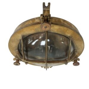 brass flush mount ceiling light angled view with thick glass dome and guard bars
