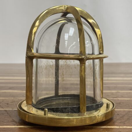 Brass Nautical Ceiling Light - Salvaged Ship Fixture 01 Brass nautical ceiling light front view with patina and glass discoloration