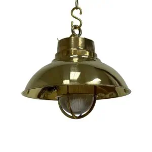 Brass pendant cage light with polished brass shade and protective cage