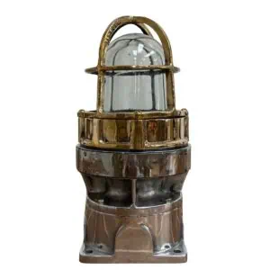 Brass and aluminum marine post light with clear dome glass and protective cage