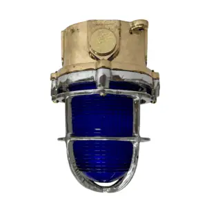 Costal Brass Ceiling Light with Aluminum Cage and blue Fresnel glass front view