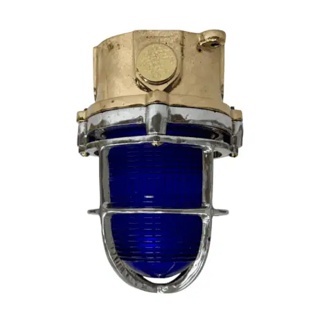 Costal Brass Ceiling Light with Aluminum Cage and blue Fresnel glass front view