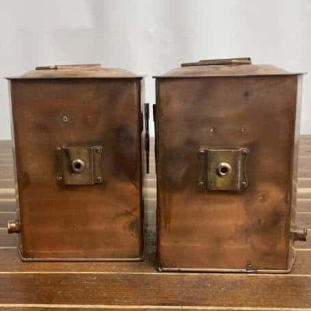 Copper Lantern Set - Nautical Port and Starboard Oil Lamps 02 Copper lantern set – back panels with mounting plates and patina detail