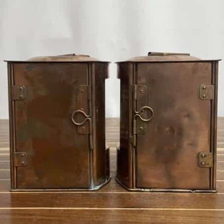 Copper Lantern Set - Nautical Port and Starboard Oil Lamps 03 Copper lantern set – hinged sides shown closed with latches visible