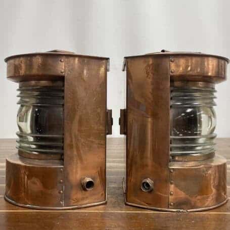 Copper Lantern Set - Nautical Port and Starboard Oil Lamps 06 Copper lantern set – side view with conduit ports for optional wiring