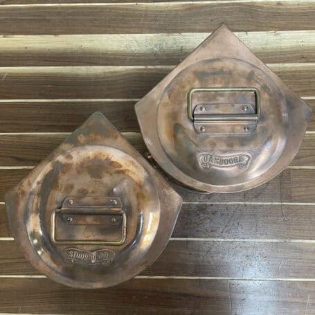 Copper Lantern Set - Nautical Port and Starboard Oil Lamps 08 Copper tops – stamped “Stuurboord” and “Bakboord” with original handles