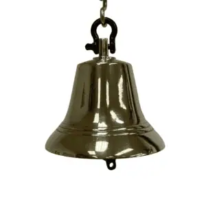 Decorative brass bell hanging from chain with polished finish