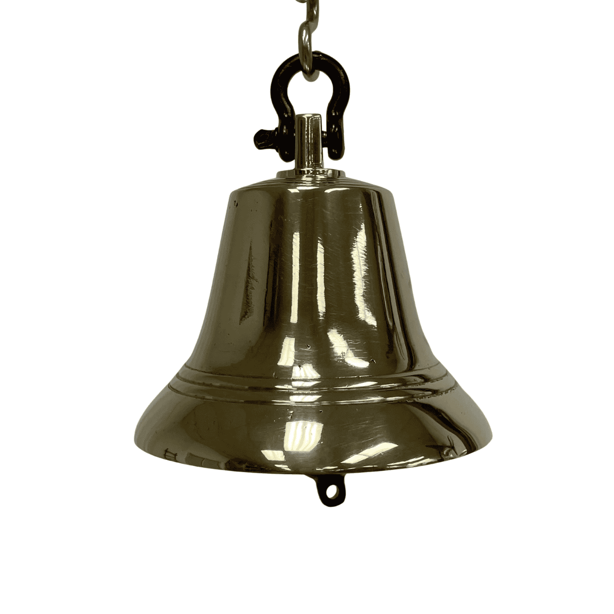 Decorative Brass Bell with Clapper - 8 lb. 01 Decorative brass bell hanging from chain with polished finish